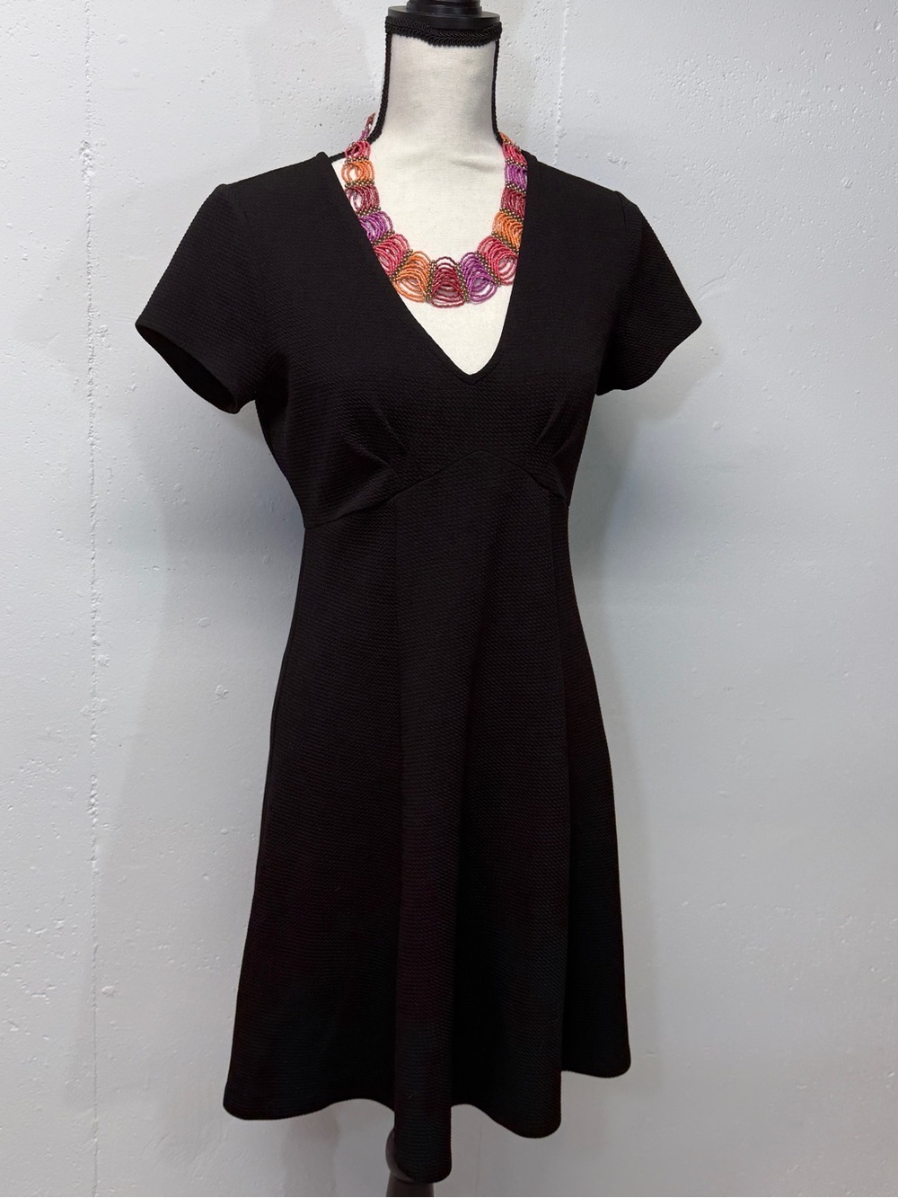 Black V-Neck Short Sleeve Dress.